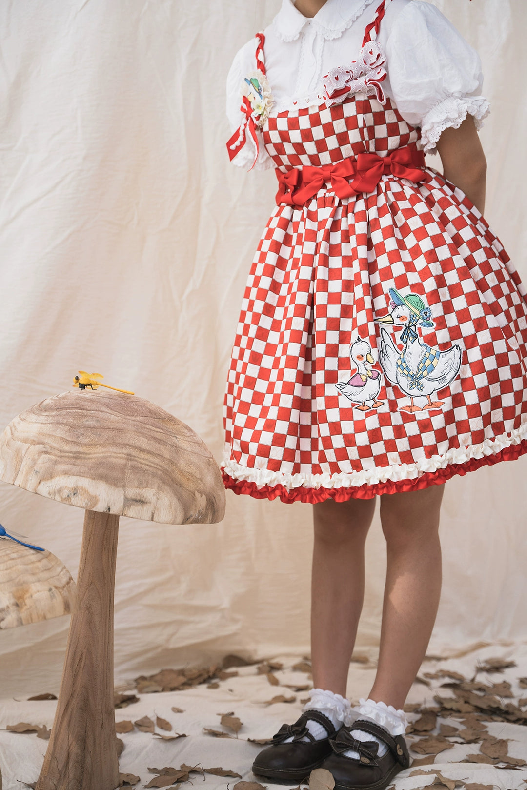 Chemical Romance~Hello Duck~Kawaii Lolita JSK Duck Print Lolita Dress S Red and white plaid 