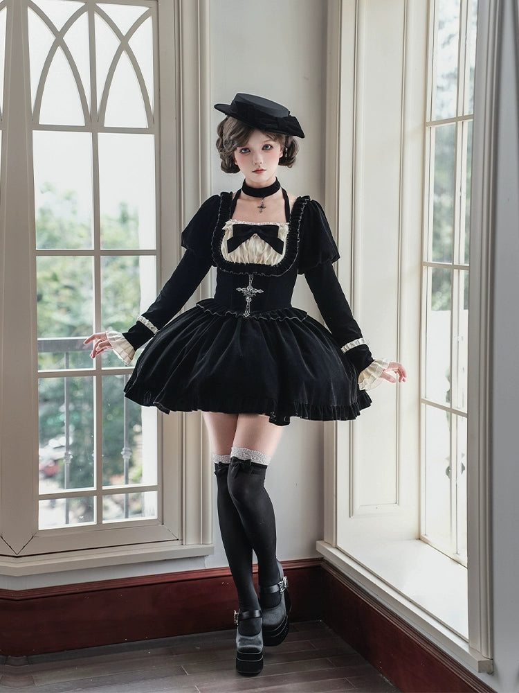 With PUJI - Apocalypse - Gothic Lolita Velvet OP Dress Set, Fishbone Waist 44128:797111
