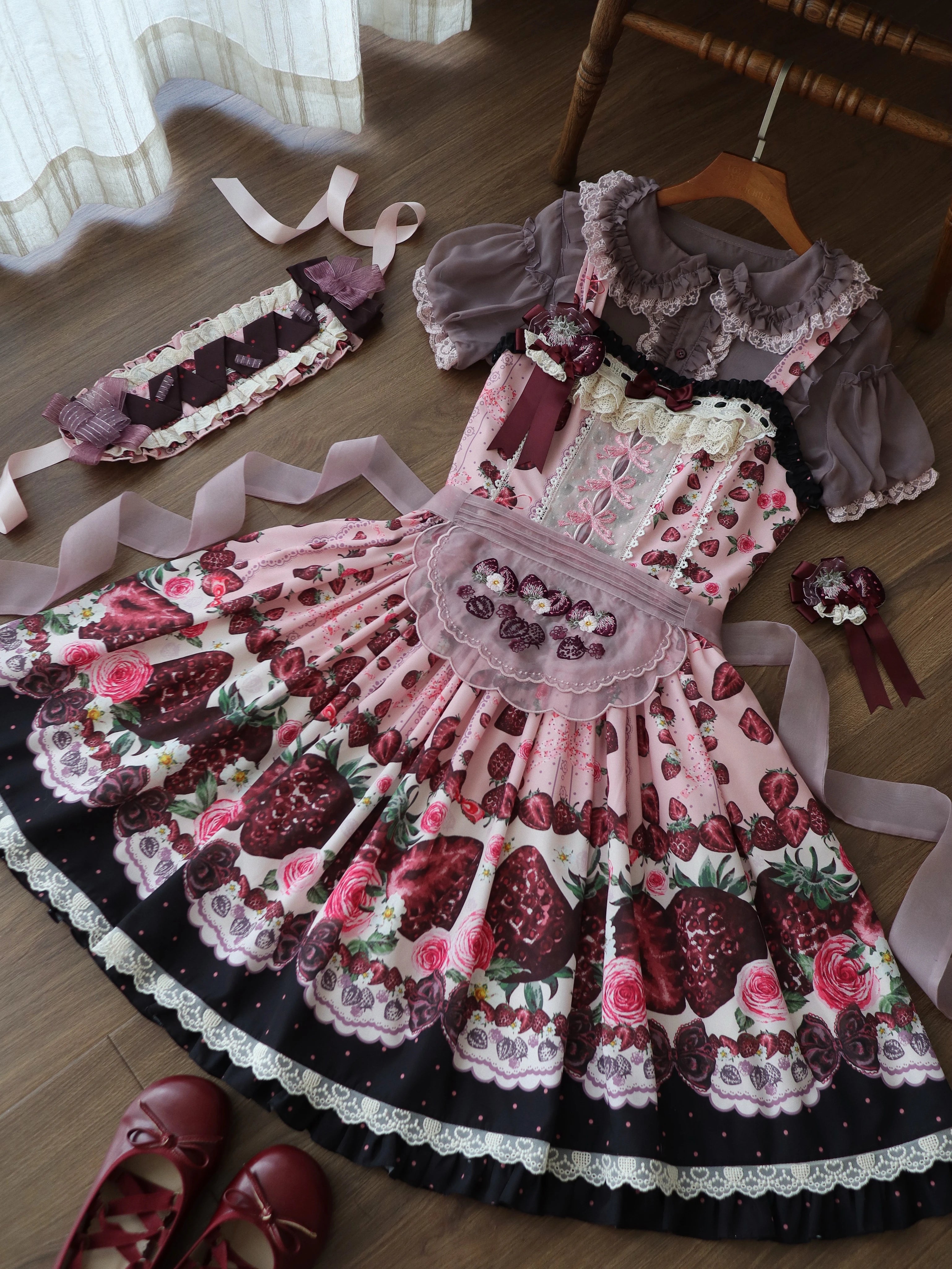 Dark Berry Fairytale - Cotton Sweet Lolita Strawberry Printed OP & JSK Dress (L M S XL) 45629:856409