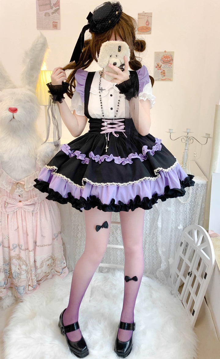 Qianmu~Lollipop~Kawaii Lolita Suspender Mini SK with Tiered Ruffle and Multicolor 42407:739311