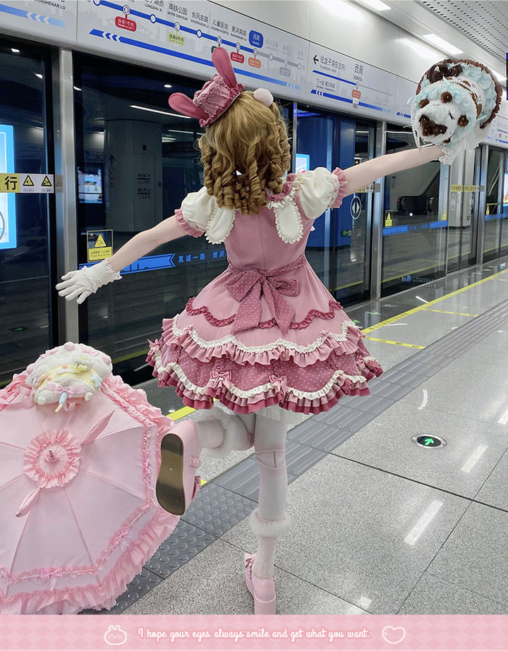 Sakurahime~Bunny Breeze~Pink Sweet Lolita OP Dress with Cute Hat and Bunny Ears