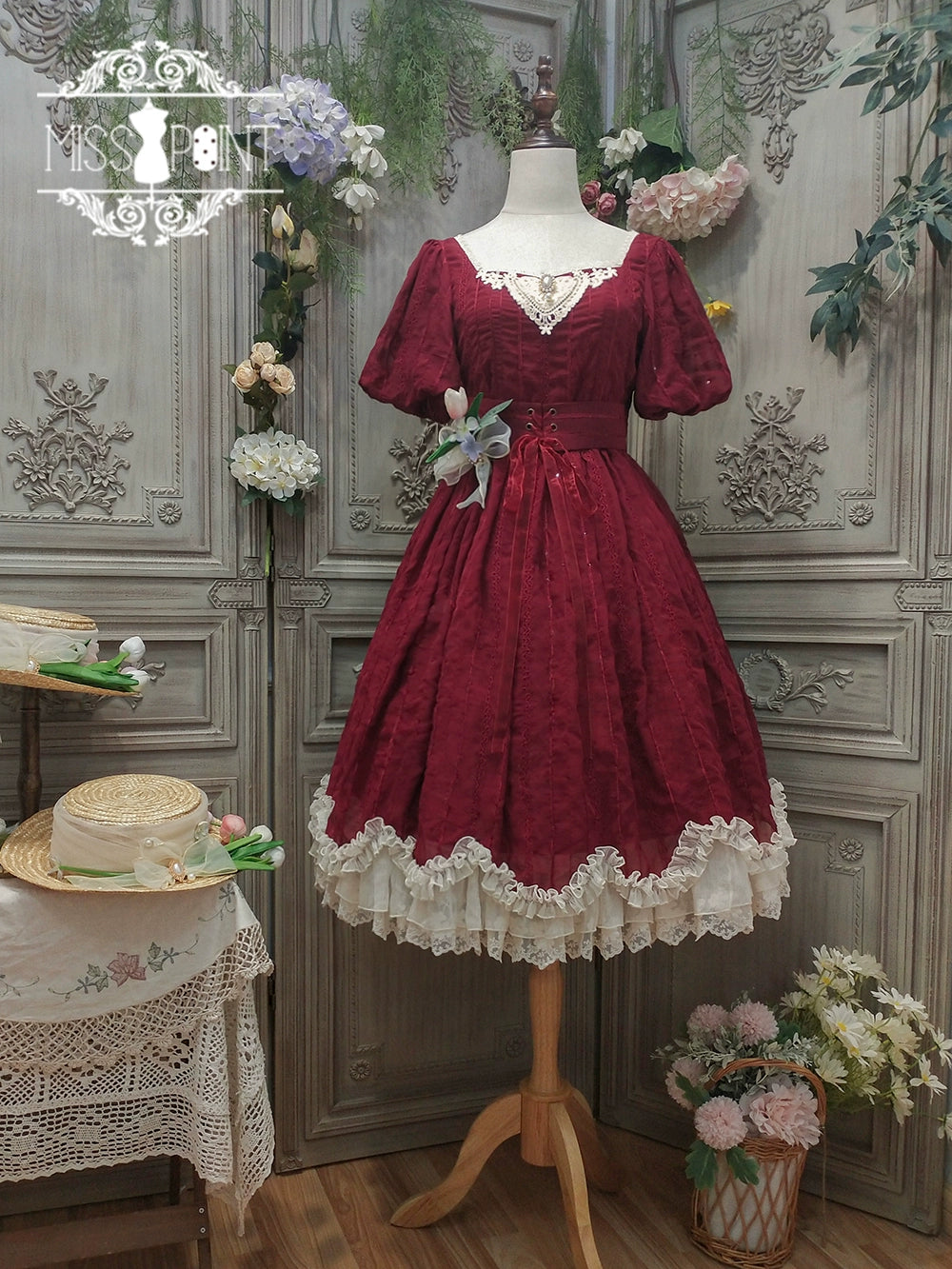 Miss Point~Tulip~Classic Lolita OP Dress Short Sleeve Dress Multicolors XS Wine red 