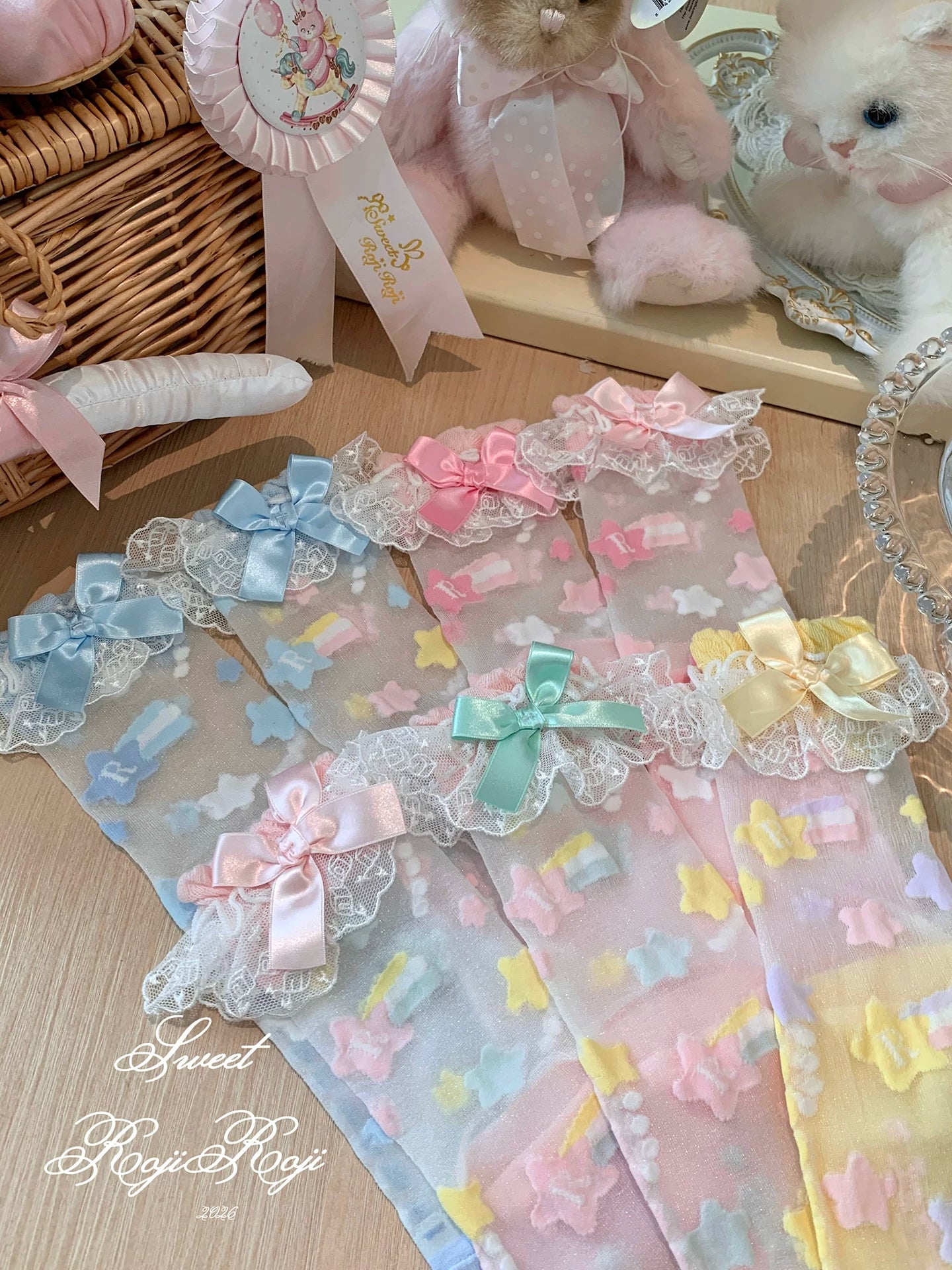 Sweet Lolita Star Embroidered Socks with Colorful Satin Bow 45610:855348