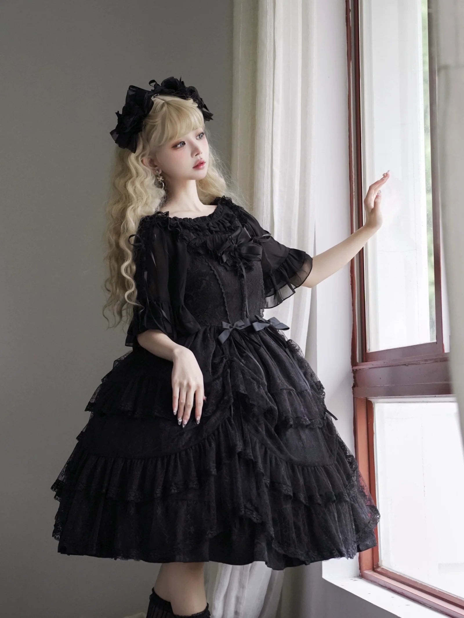 Eieyomi - Iris Love - Elegant Black Lolita JSK Dress, Short Sleeve 44383:806041