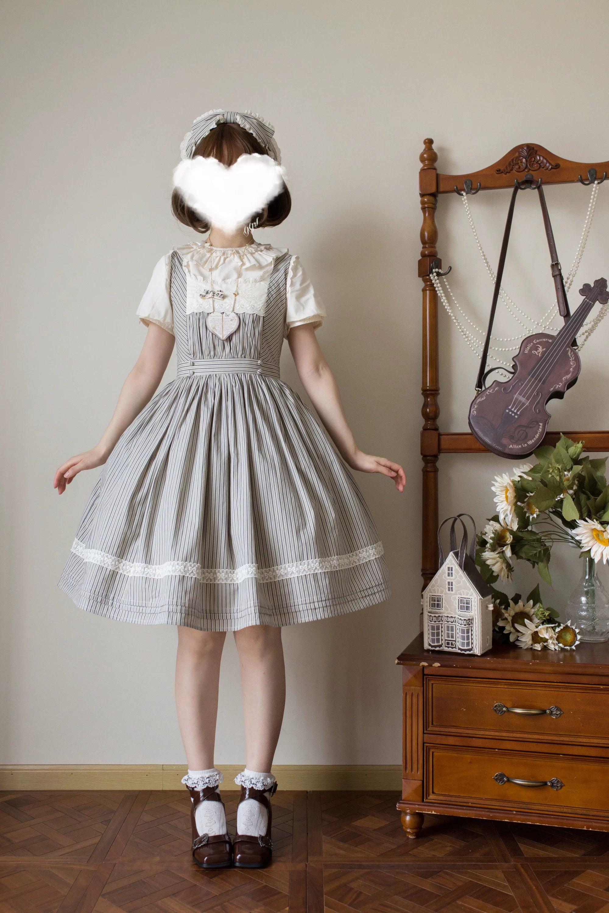Stripe Minuet - Classic Lolita Striped JSK Dress, Embroidered Neckline 45317:845338