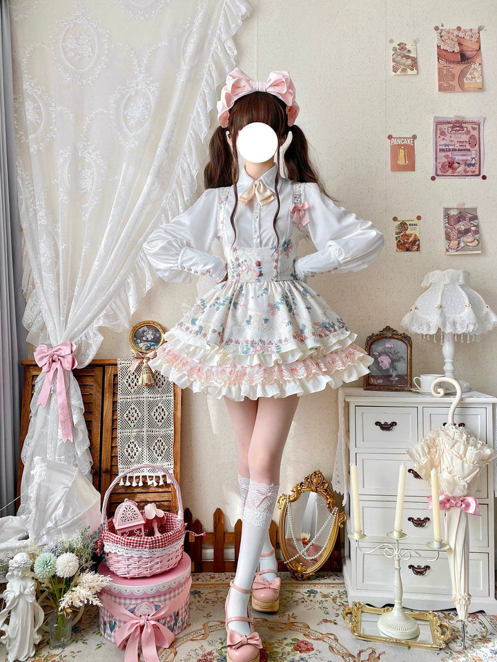 Qianmu~Rose Cream~Sweet Lolita Dress Fishbone Tiered Bust-supporting Dress S Beige suspender skirt 