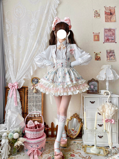 Qianmu~Rose Cream~Sweet Lolita Dress Fishbone Tiered Bust-supporting Dress S Beige suspender skirt 