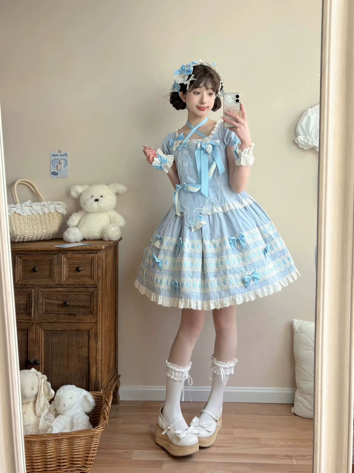 Uncle Wall Original~Cream Piping Artist~Cotton Sweet Lolita OP Halter-neck Dress With Accessory