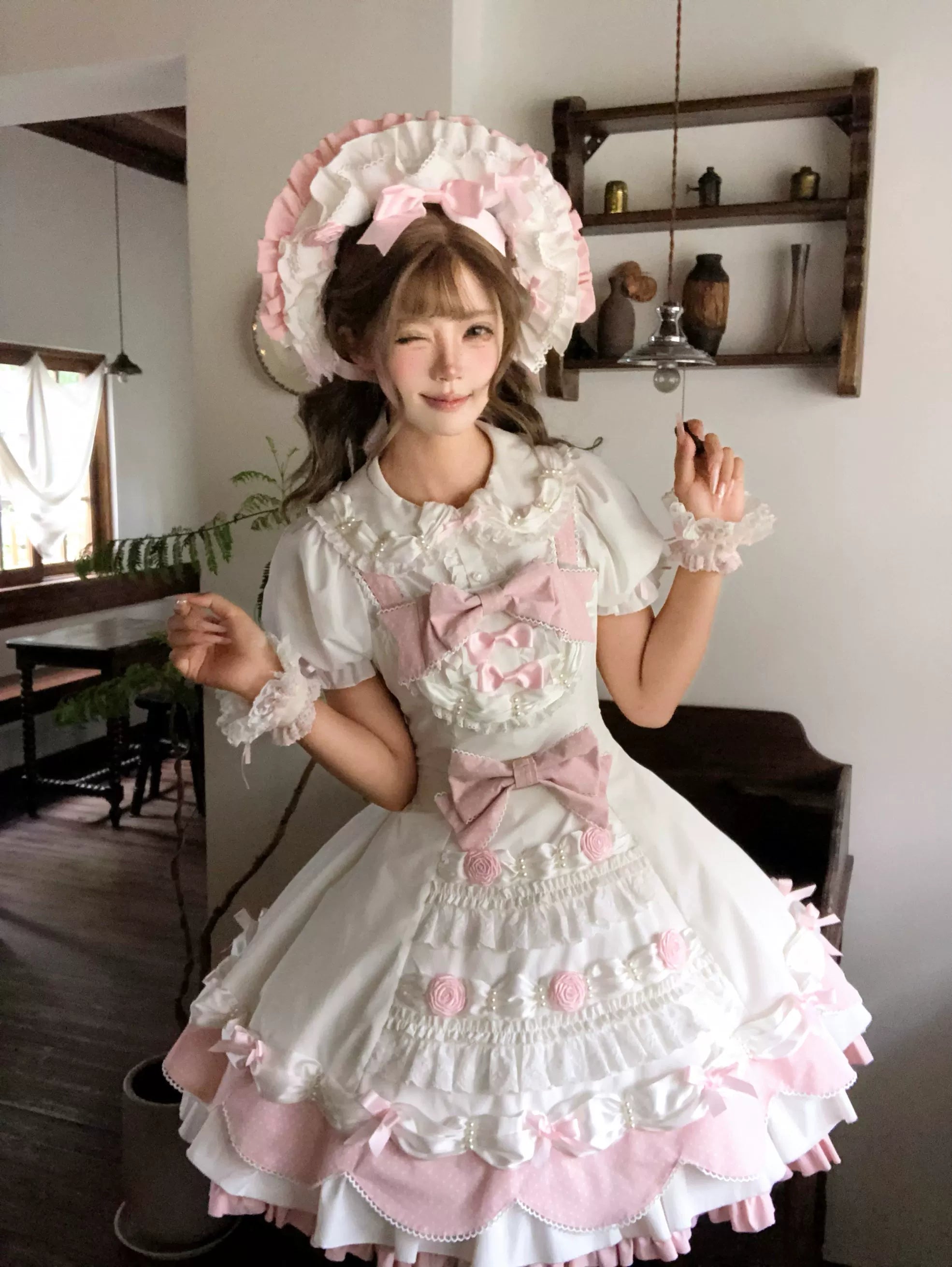 Cream Rosette Cake - Old School Lolita JSK Dress, Rose & Pearl Accents 45769:861477
