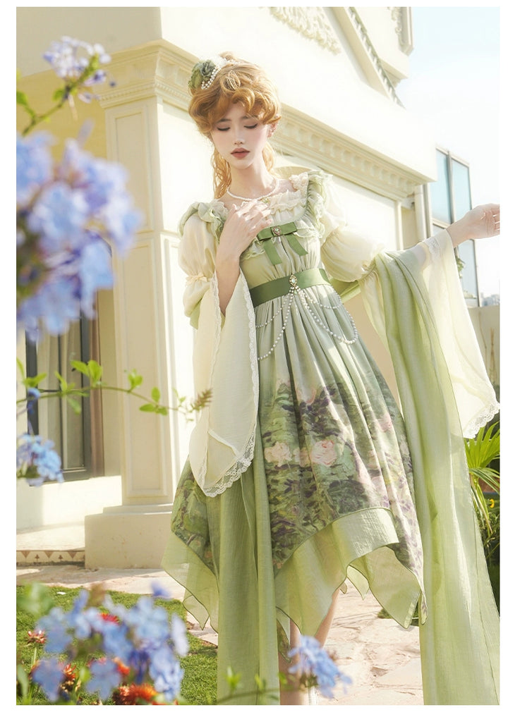 With PUJI~Blooming Rose~Chiffon Classic Lolita Dress Set Painting Styled OP & JSK