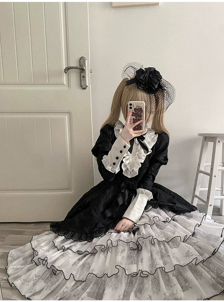 Buling Moon~Vintage Elegant Lolita OP Dress Black White Dress   