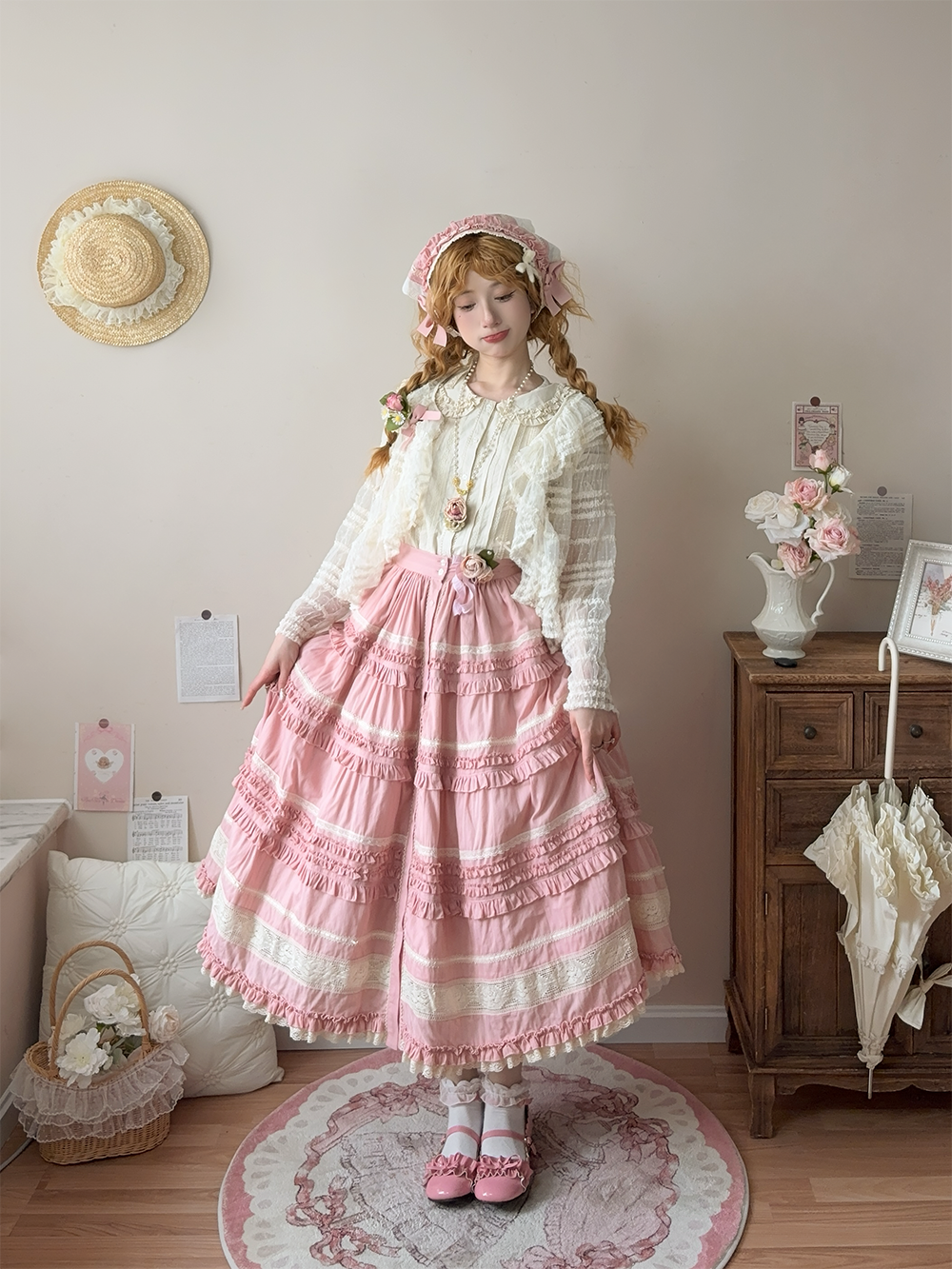 Miss Point~Cat Rose Tea~Elegant Lolita SK Pure Cotton Open-front Skirt