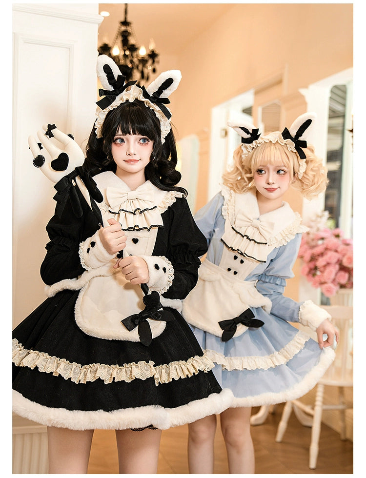 With PUJI~Rabbit&Alice~Sweet Twin Lolita OP Dress Doll Apron Dress Set