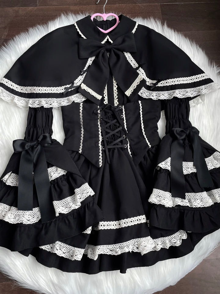 Mengfuzi~Doll Heart~Gorgeous Lolita Dress Vintage OP Cape Set S Black and white full set 