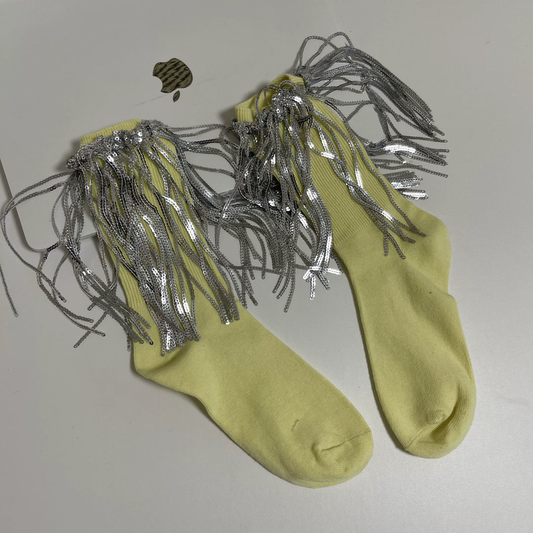 WAGUIR~Retro Lolita Socks Y2K Fringed Lace Mid-tube Socks Lemon Yellow Free size 