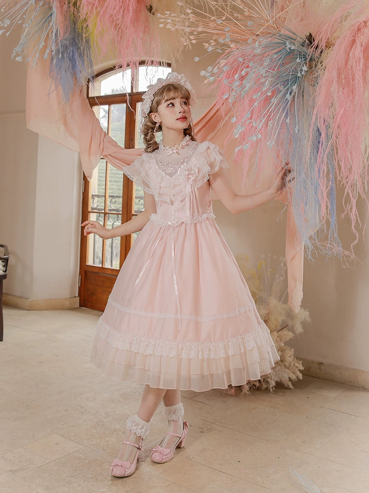Mademoiselle Pearl~Confession under the Sakura Tree~Sweet Lolita Pink JSK and OP Dress Set   