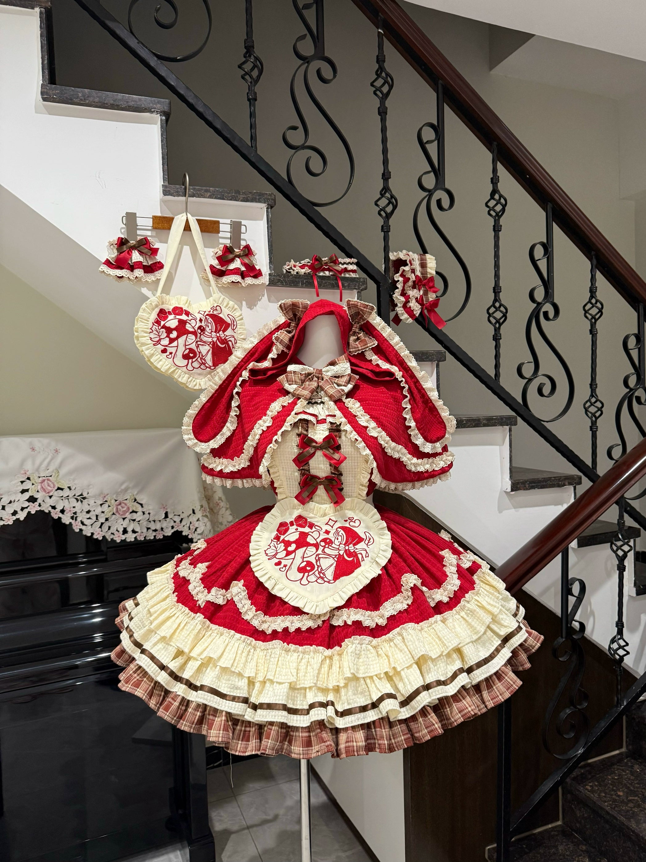 Xiao Ai Qu - Little Red Cloak - Sweet Lolita JSK Set, Rabbit Ear Cape 44348:805012