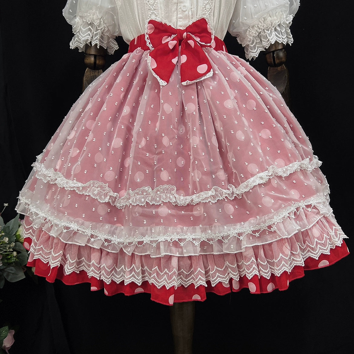 (BFM)DMFS Lolita~Elastic Waist Lolita Skirt with Chiffon and Mesh S Burgundy 