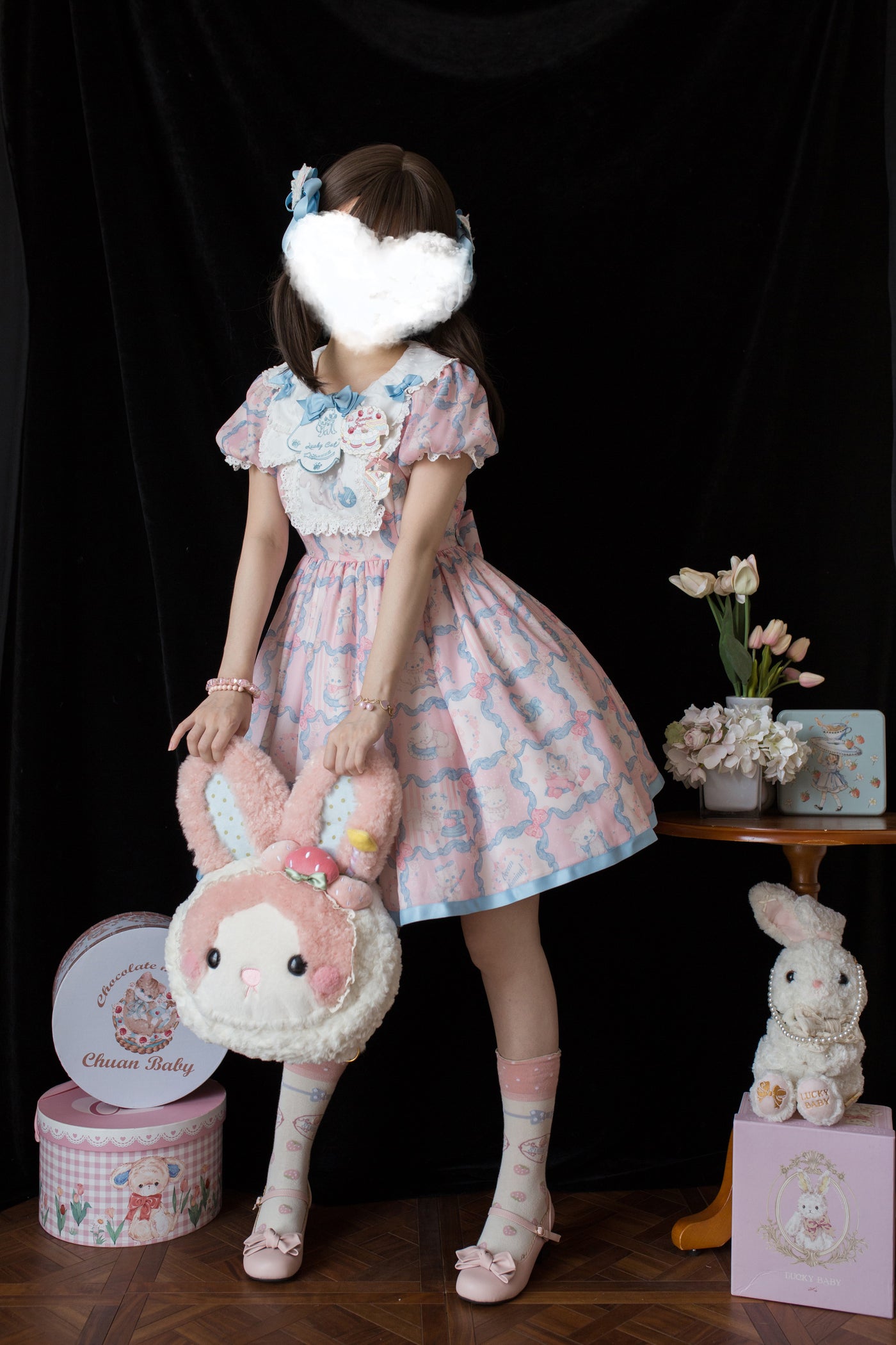 Ocean Nominal~Luck Cat~Lovely Lolita OP Dress Short Sleeve Cat Print Dress S Pink and blue OP 