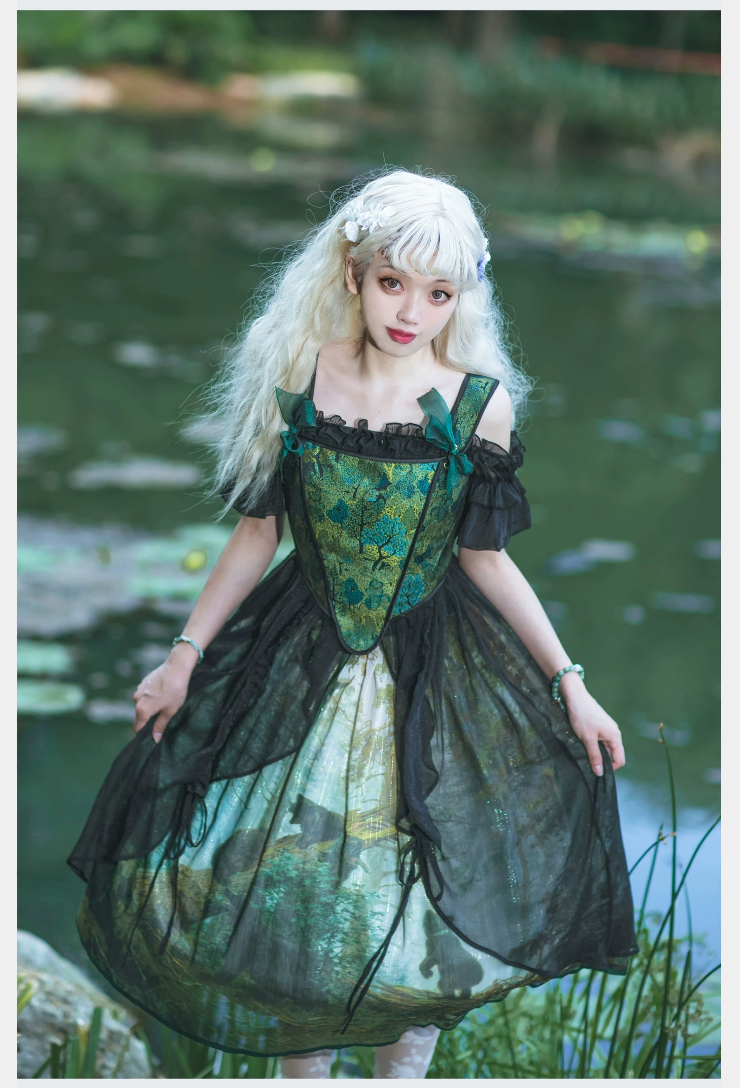 Cyan - Morning of Pine Forest - Elegant Lolita Bear Print Skirt
