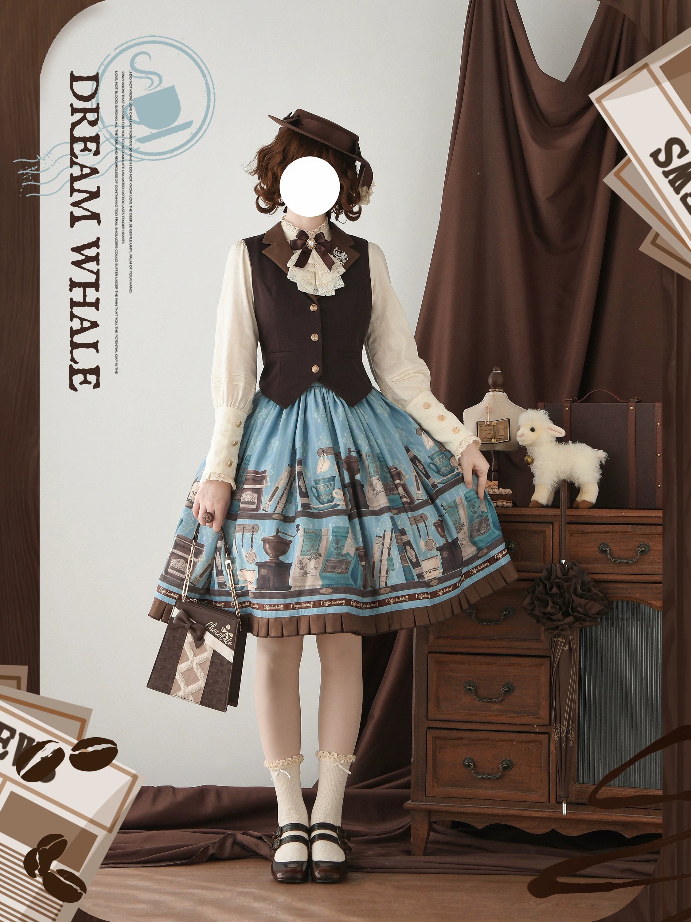 Coffee Bookshelf - Classic Lolita JSK and SK Set, Coffee Cup and Book Print 45611:856219
