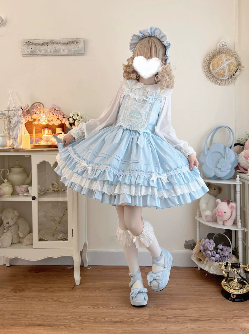 Hanguliang~Sweet Bear~Kawaii Lolita JSK Dress Embroidery Flounce Hem