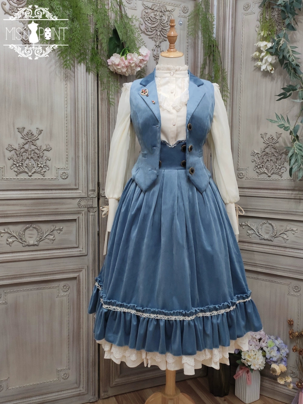 Miss Point~Rose Doll~Retro Lolita Vest Velvet Lolita Waistcoat XS mist blue 