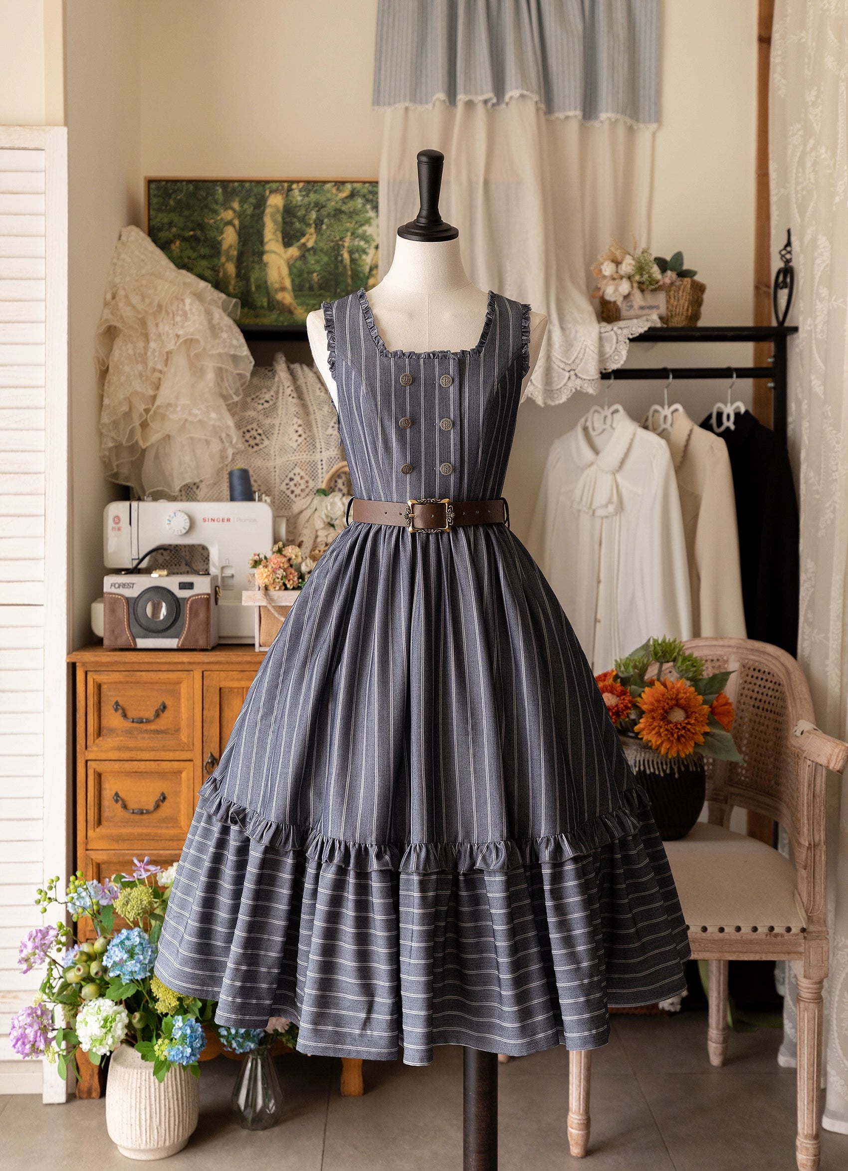 Forest Wardrobe - Little Manor - Classical Lolita JSK Dress & Long Sleeve Blouse S Gray JSK