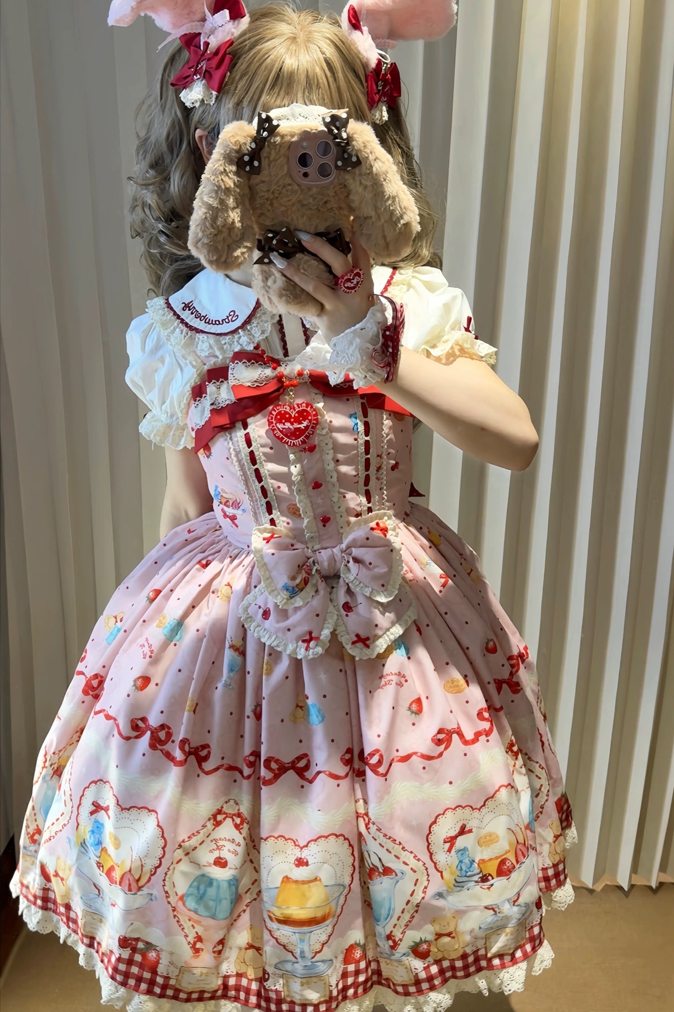 DreamWhale - Showa Dessert Showcase - Kawaii Lolita Dress Suit Pudding-Inspired JSK/Salopette Bean Paste Pink JSK Only S