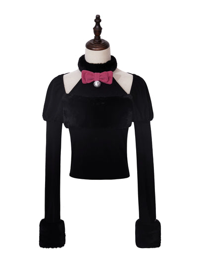 (BFM)Tan Tuan~Wish Cat~Sweet Lolita Shirt Fur Collar Knitted Blouse black innerwear (off-shoulder style) S 