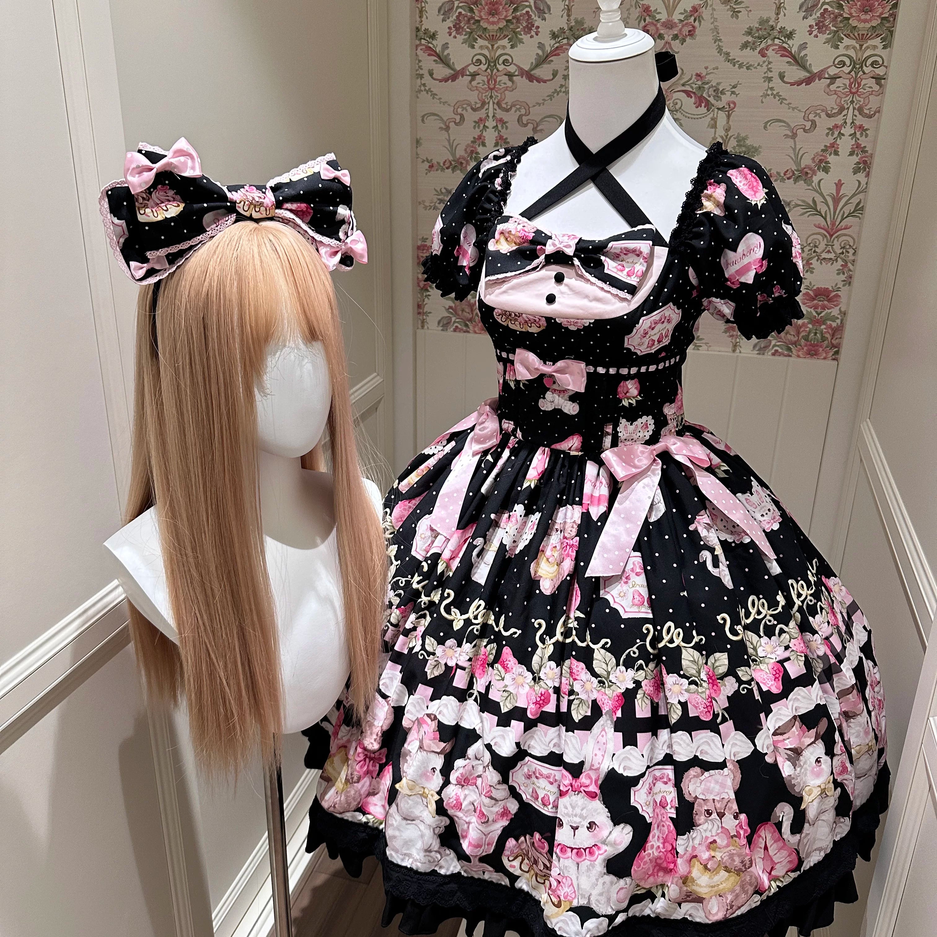 Strawberry Tea Party - Printed Cotton Old School Lolita OP Dress, Halter Neck (L M S XL) 45180:838136