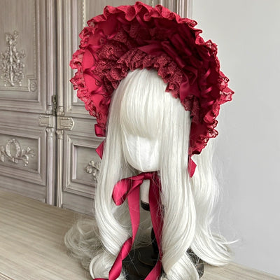 MAID~Elegant Lolita Bonnet Black and White Lolita Hat burgundy bnt  