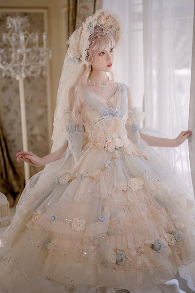 (BFM)Cat Fairy~Flower Spirit~Elegant Lolita JSK Dress Summer Wedding Lolita JSK S Lake blue 