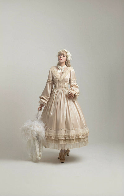 BrocadeIng Cat~Vintage Lolita Embroidered Lace Dress S Apricot-colored long-sleeved OP 