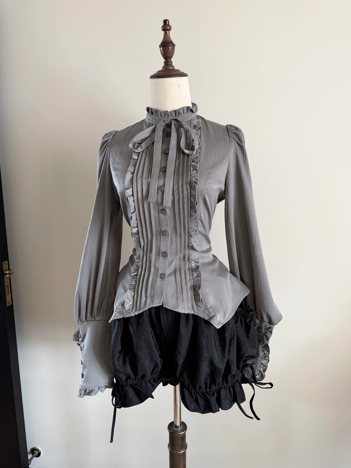 Misty Night Bell - Gothic Lolita Long Sleeve Blouse, Pintuck Placket Silver Blouse Only S