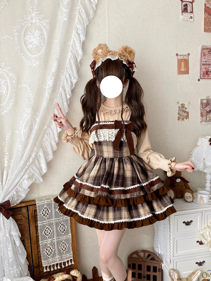 Qianmu~Caramel Cocoa~Sweet Lolita JSK Plaid Design Autumn and Winter Dress   