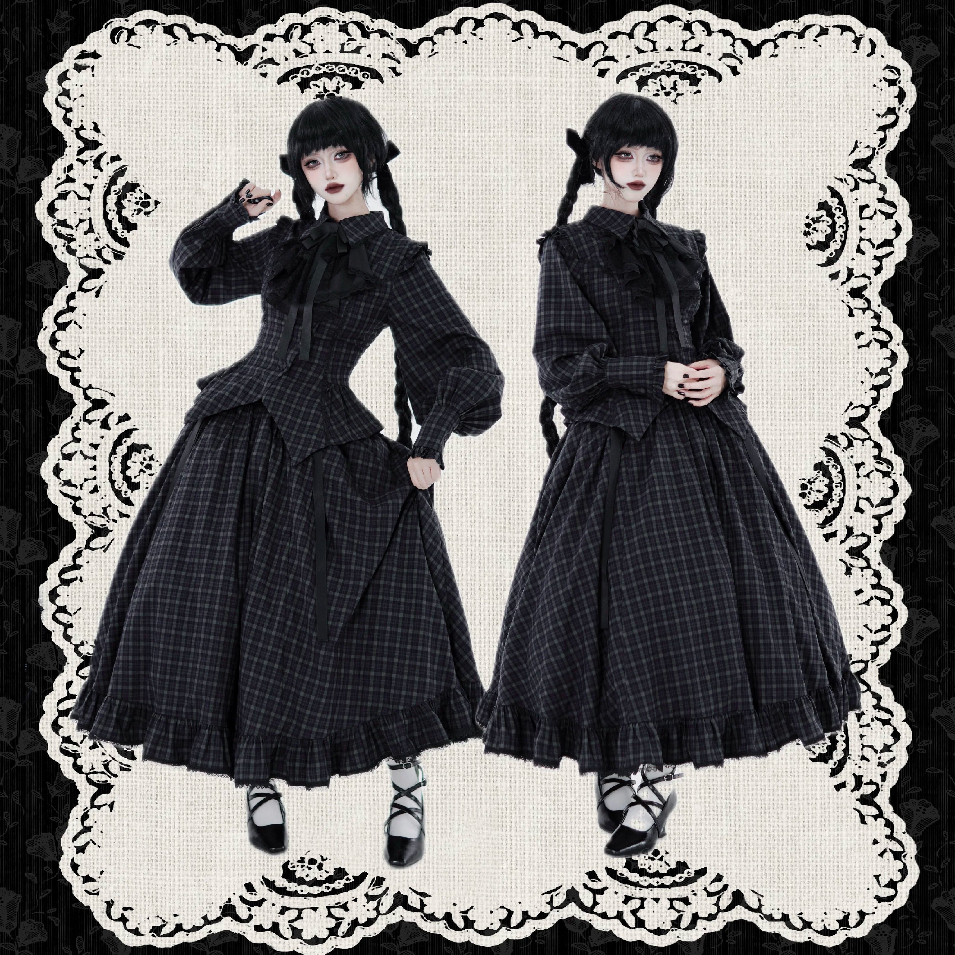 Lyra Nocturne - Gothic Lolita Slanted Placket Shirt Set, Plaid or Striped