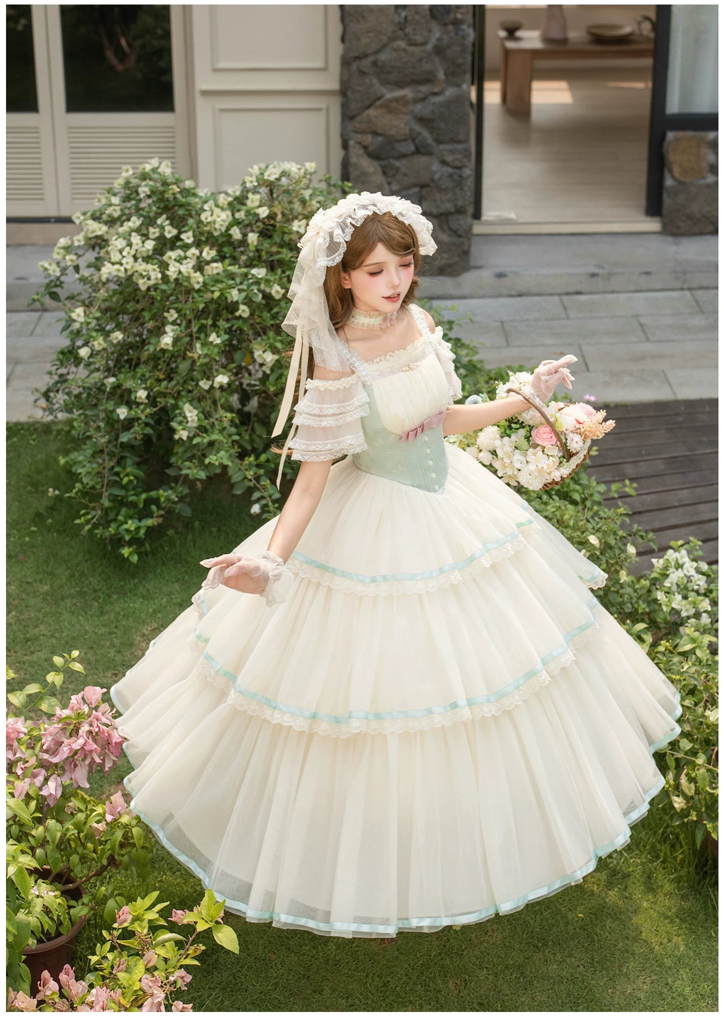 Sea Salt Soda - Classic Lolita Adjustable Corset JSK Dress, Tiered Tulle Hem 45257:856339