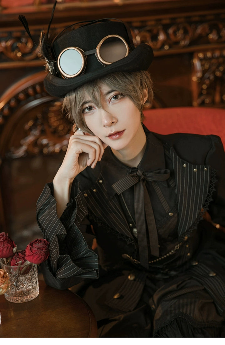 (BFM)Mr. Yi's Steam Continent~Punk Lolita Bonnet Black Feather Wool Flat Top Hat   