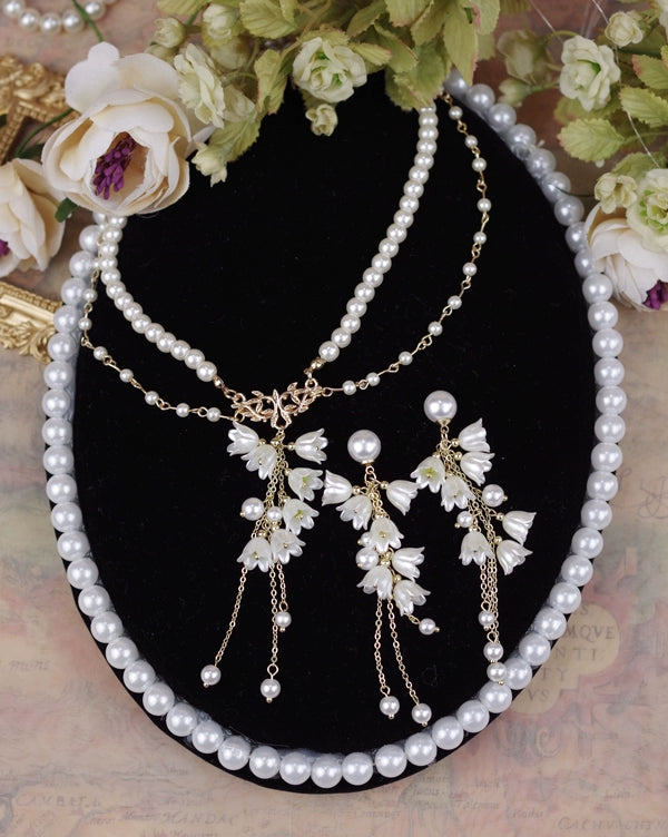 Rose of Sharon - Lily Miss - Elegant Lolita Pearl Necklace and Earrings Set necklace and a pair of earrings