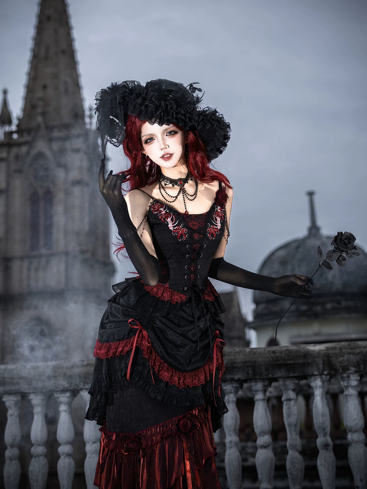 Bone Rot Bloom - Gothic Lolita Embroidered Camisole & Drawstring Lift-up Hem Skirt 45593:854843