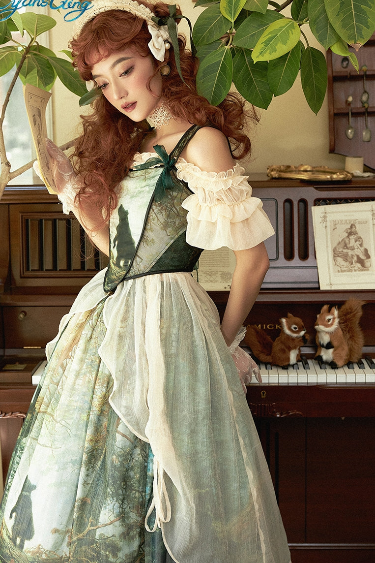 Cyan~Morning of Pine Forest~Elegant Lolita Bear Print Skirt   