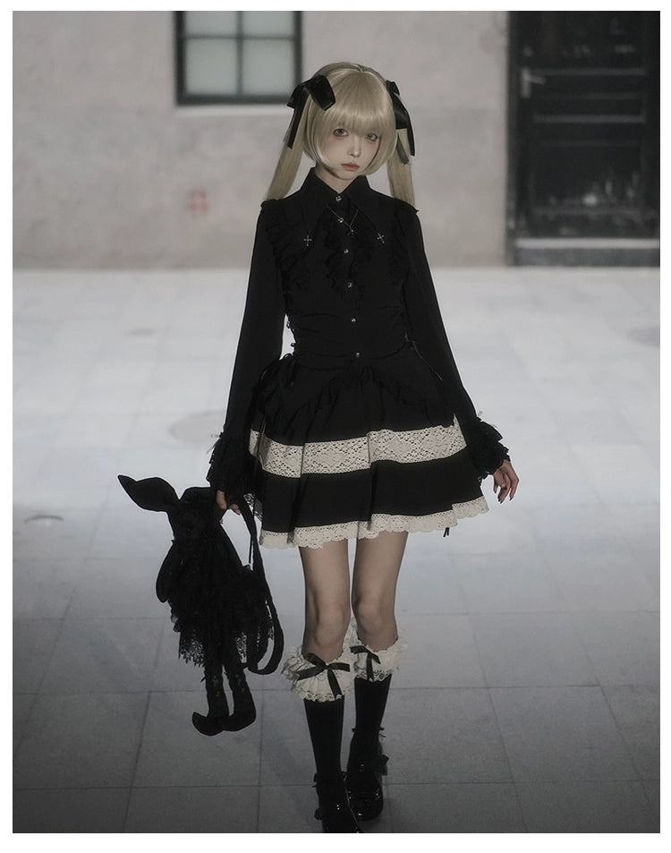 With PUJI~ Gothic Lolita Blouse Black White Waist-Tie Shirt   