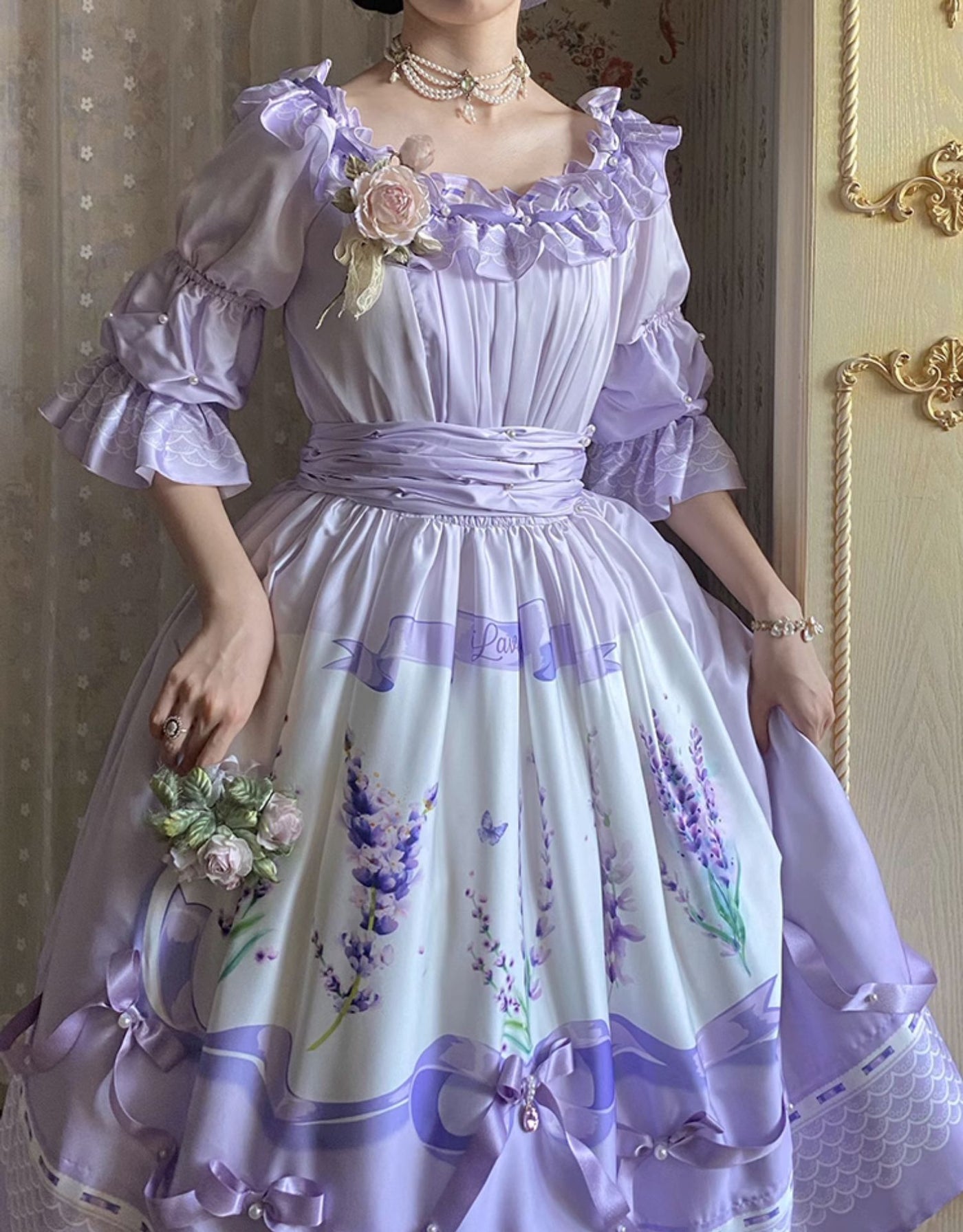 (Buyforme)Yolanda~ Lavender Smoke Floral OP Dress SK and Blouse   