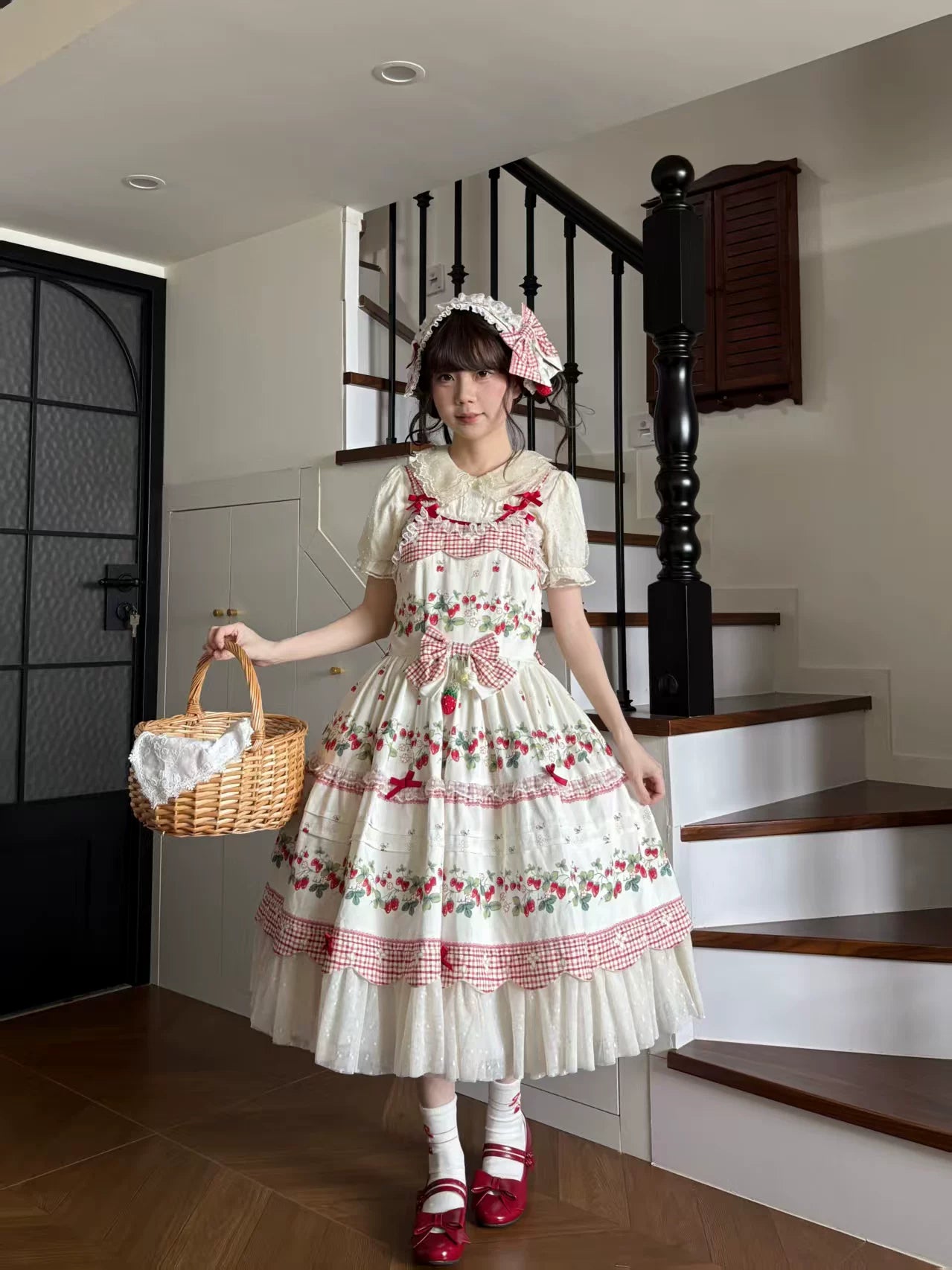 Cranberry and Lucky Clover - Cotton Sweet Lolita JSK Dress, Strawberry and Floral Print 45296:846314