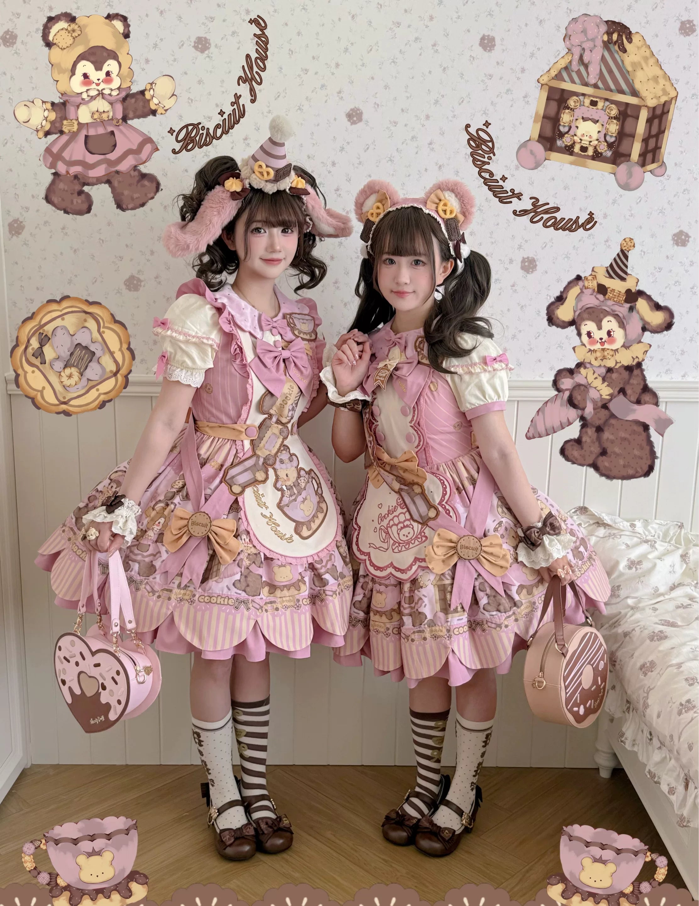 Bear Biscuit SP - Kawaii Lolita Bear Printed Dress Set with Bows