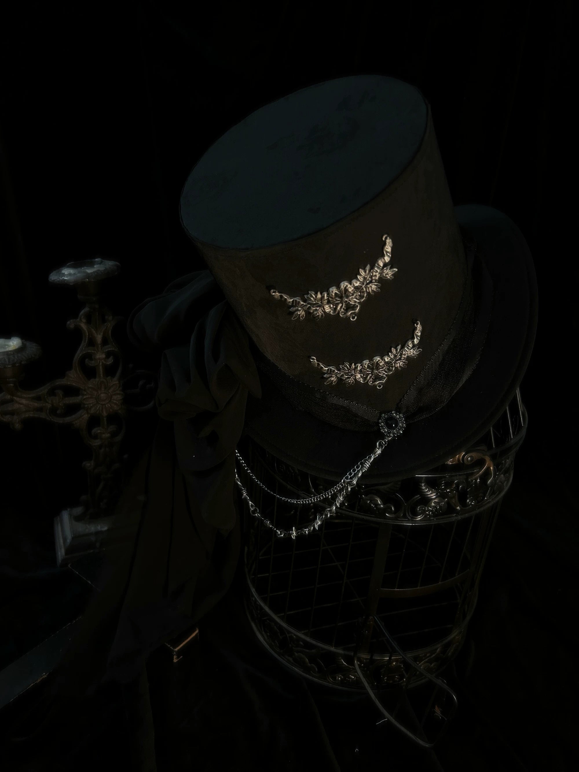 Genesis and Armageddon - Gothic Lolita Accessory, Skeleton Hand Decoration Black - Tall Top Hat One Size