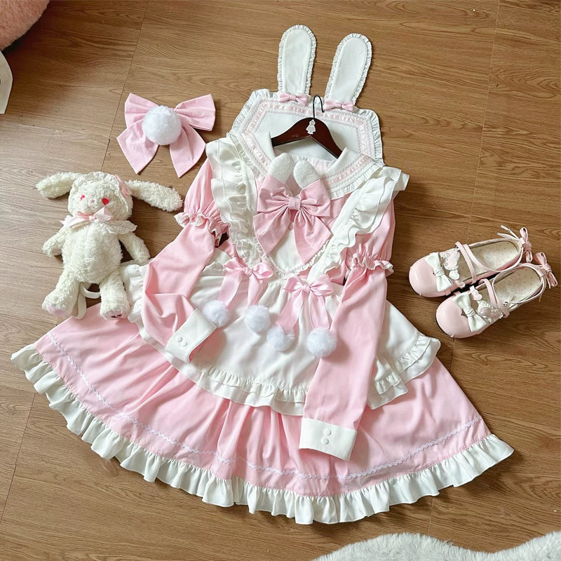 Sweet Bunny Pom-pom - Maid Lolita Bunny Ear Collar OP Dress, Detachable Apron