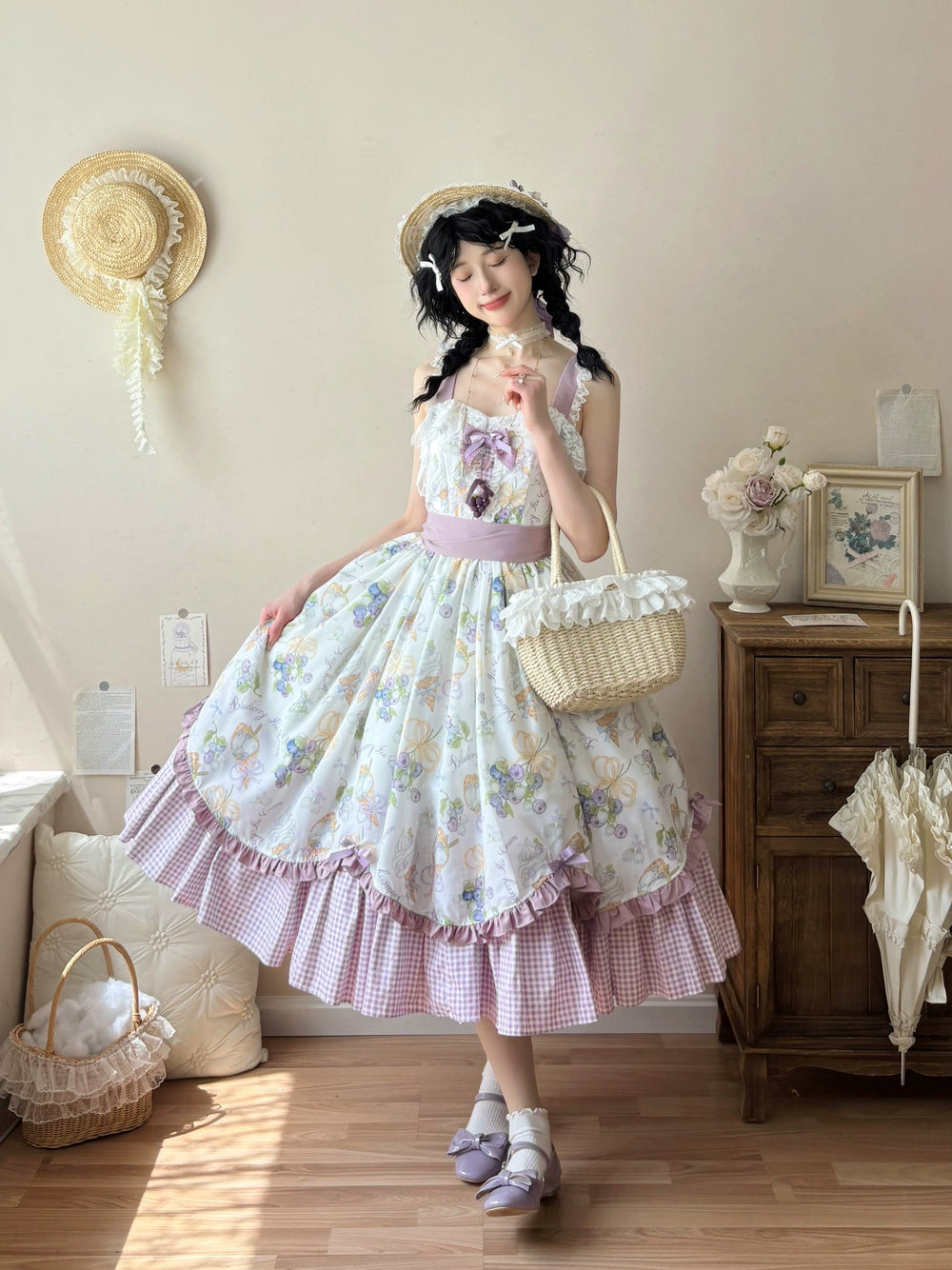 Qianmu~Blueberry Summer~Classic Lolita JSK Dress with Large Hem and Cotton Lining Purple S