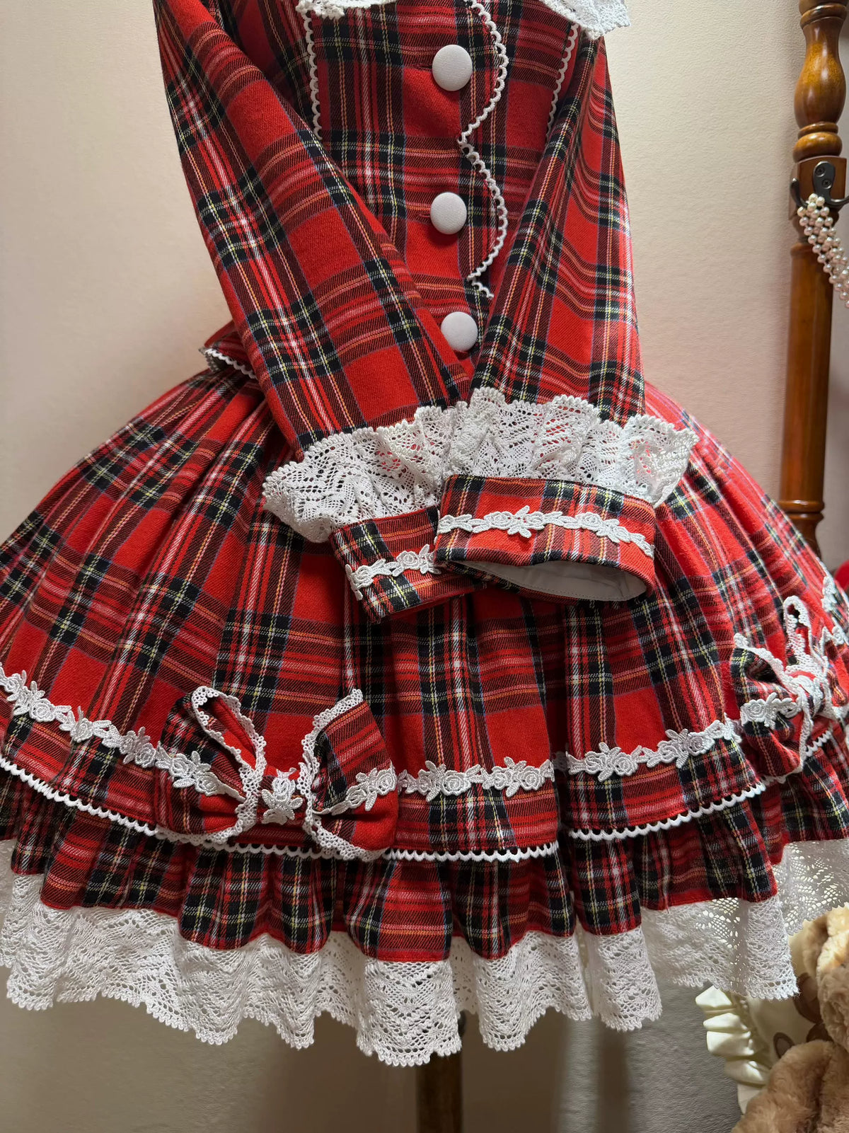 Christmas Knot - Christmas Old School Lolita Jacket & Skirt Set, Red Plaid 46051:873274